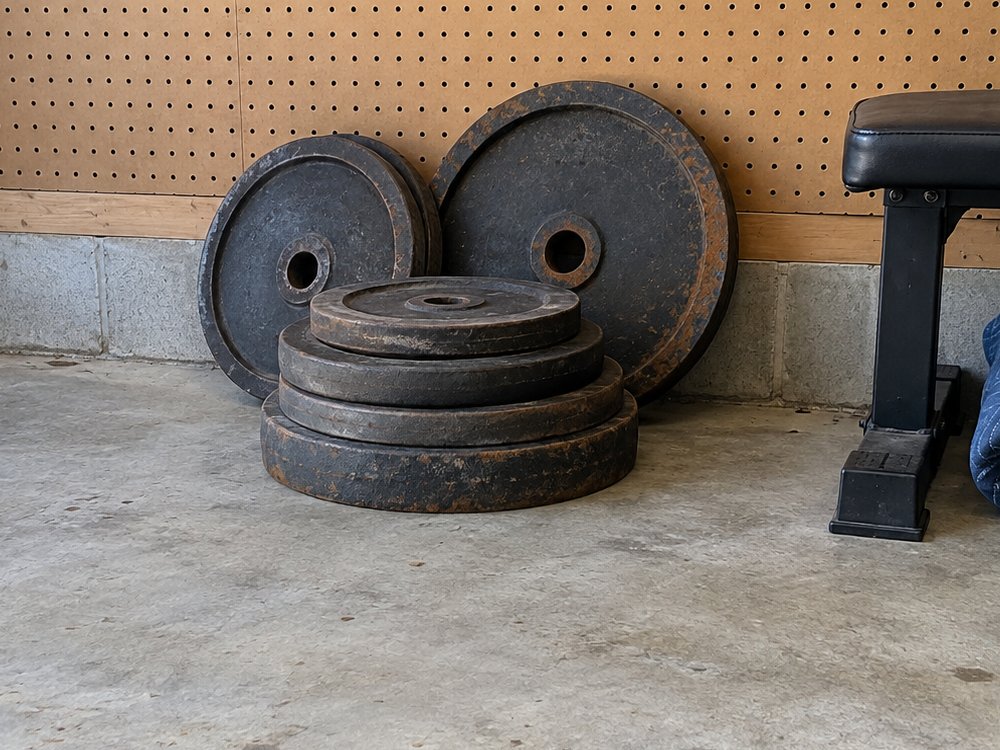 A short stack of old cast iron weight plates of mixed sizes leaning against a pegboard wall in a garage, beside the leg of a flat bench