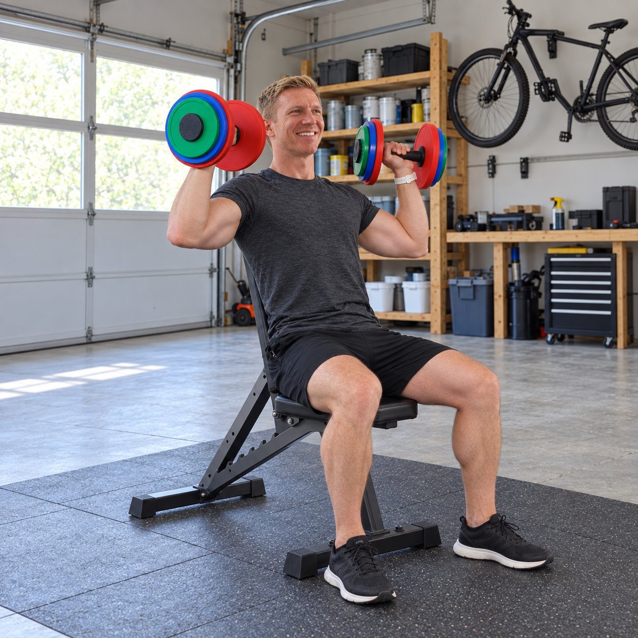 A man doing a seated shoulder press in his garage with a pair of plate-loaded AdaptaBELL dumbbells at ear height