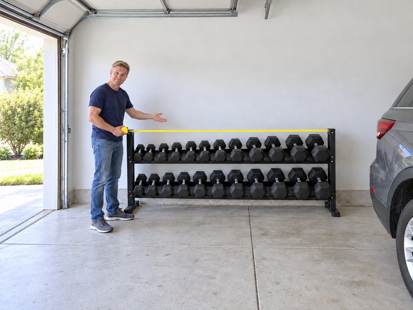 A man holding a tape measure along a long dumbbell rack with ten pairs of rubber hex dumbbells in a two-car garage, a car parked tight beside it
