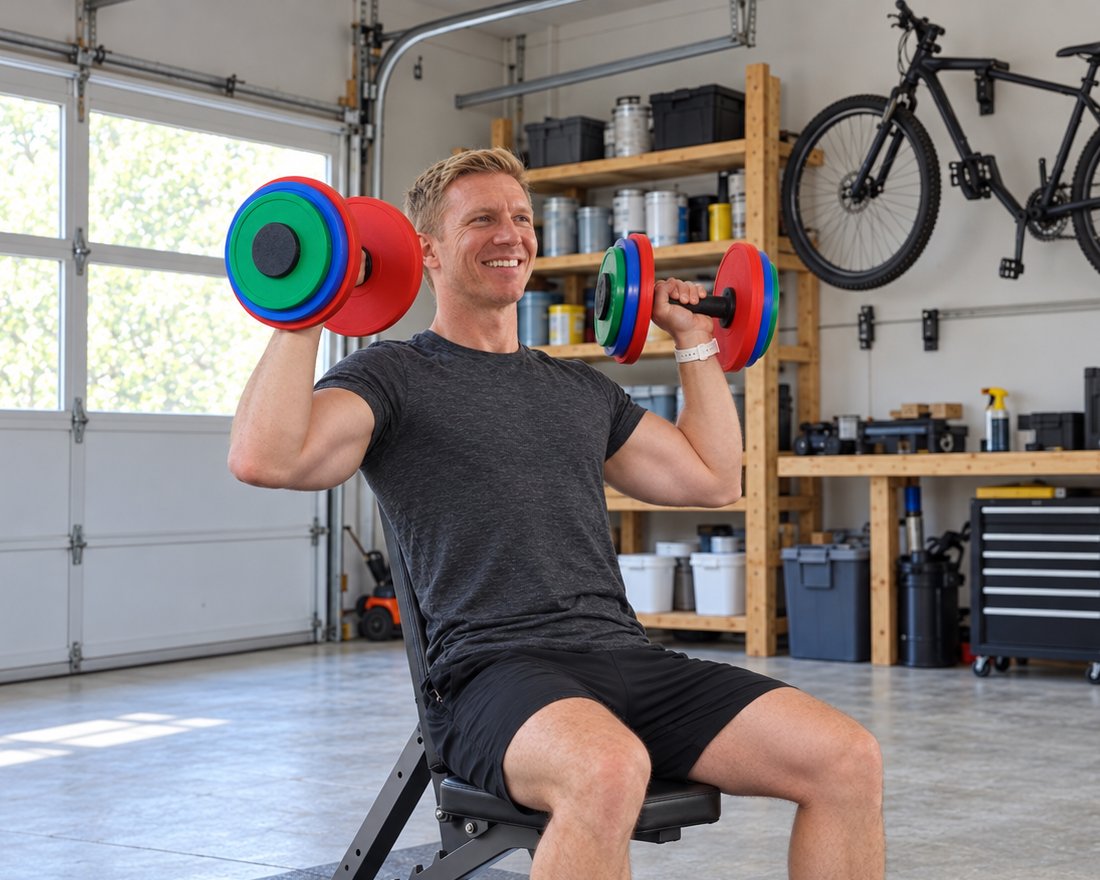 A man doing a seated shoulder press with a pair of plate-loaded AdaptaBELL dumbbells