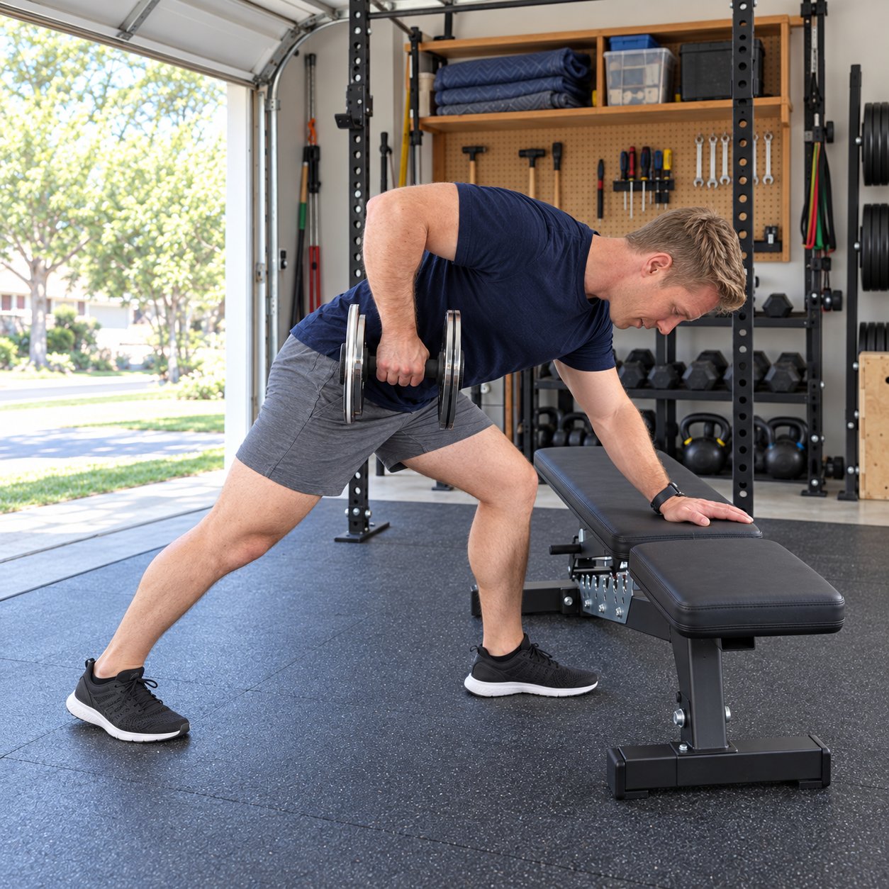 A man doing a heavy one-arm row on a flat bench in his garage with a plate-loaded Kensui AdaptaBELL handle