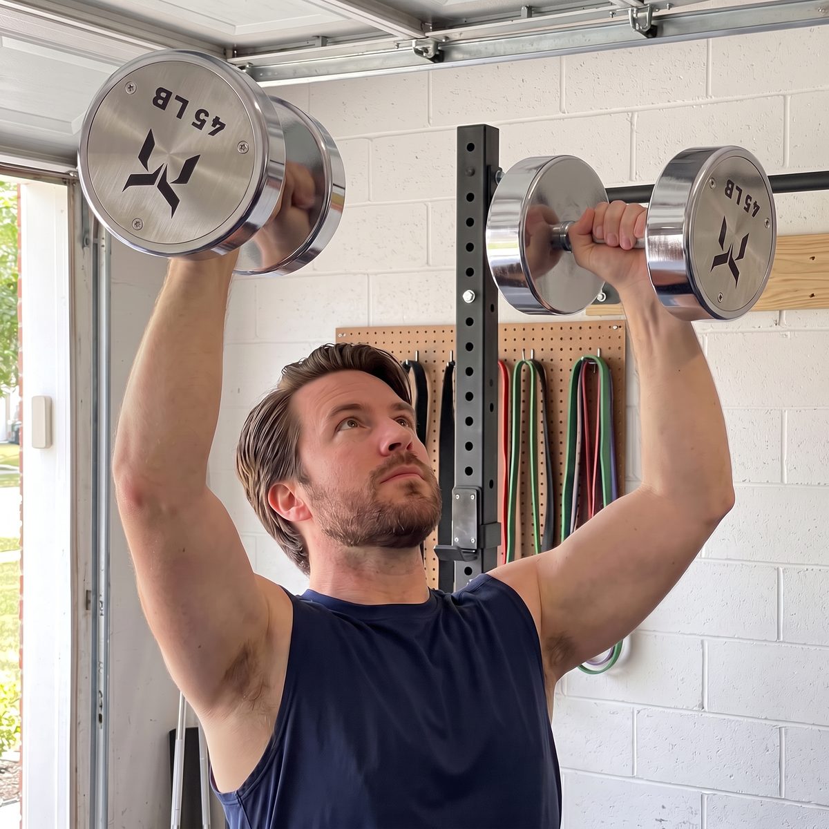 A man in a garage gym pressing two chrome 45 pound dumbbells overhead