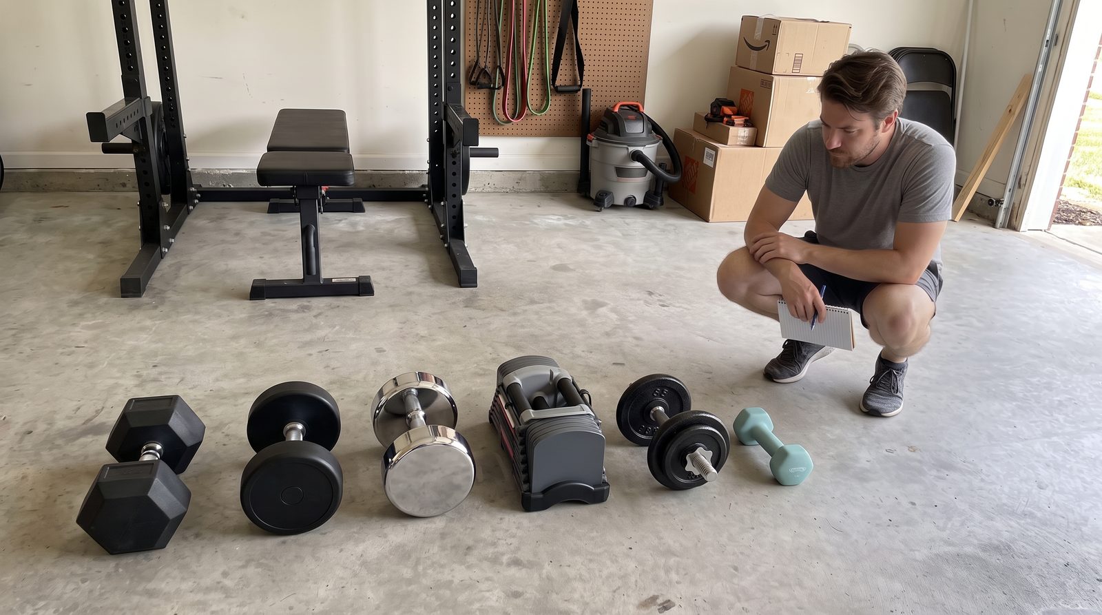 Six different dumbbells in a row on a garage floor, from rubber hex to a small teal neoprene one, with a man crouched at the end holding a notebook