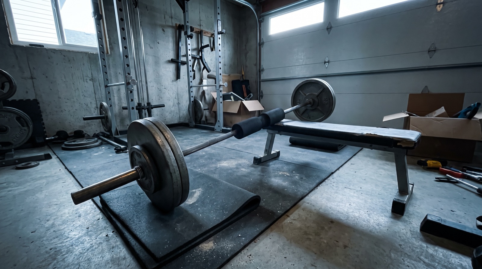 A loaded barbell with a hip thrust pad set up beside a bench and rack in a home garage