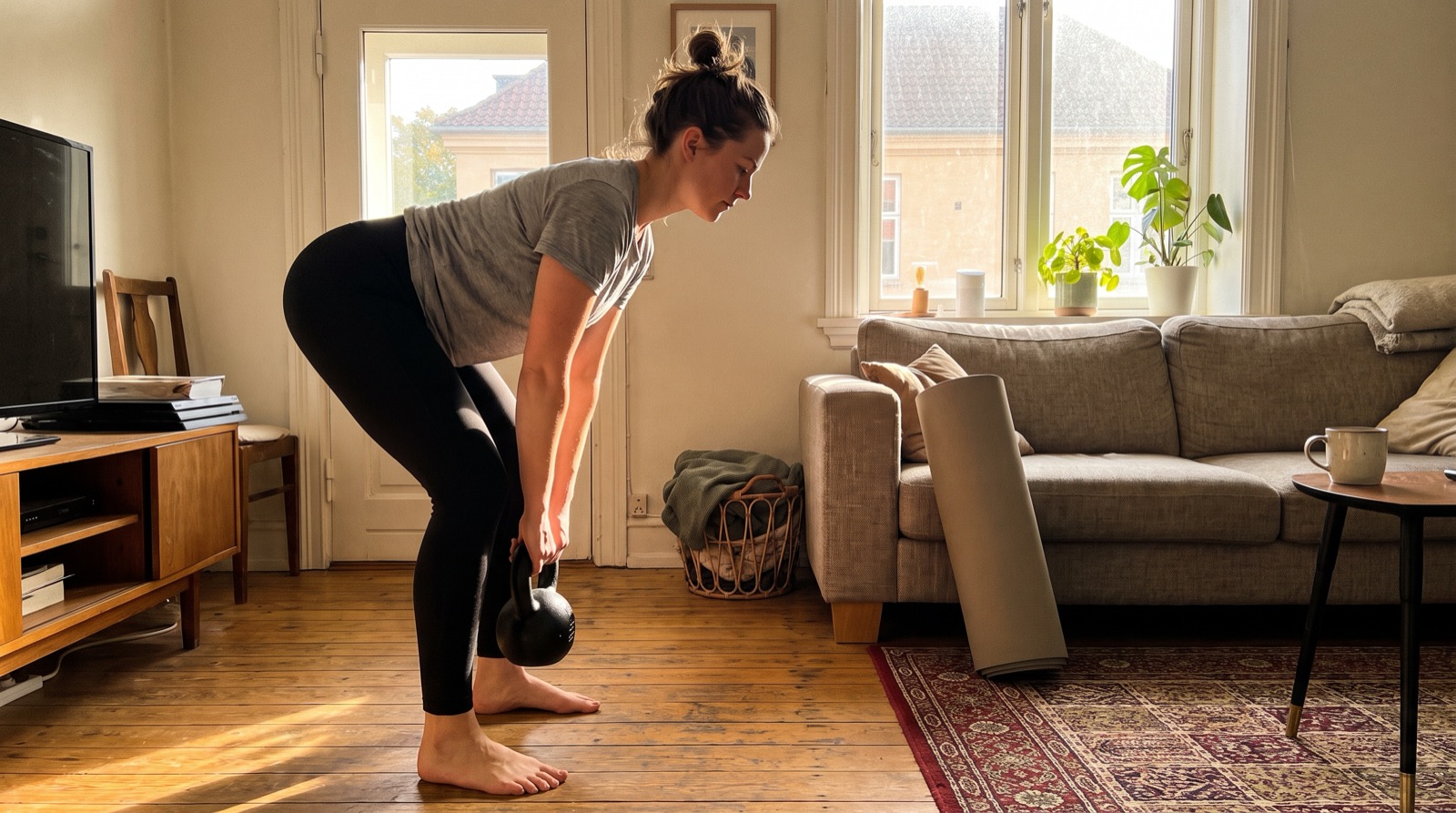 A woman hinging at the hips with a kettlebell in the middle of a sunlit living room