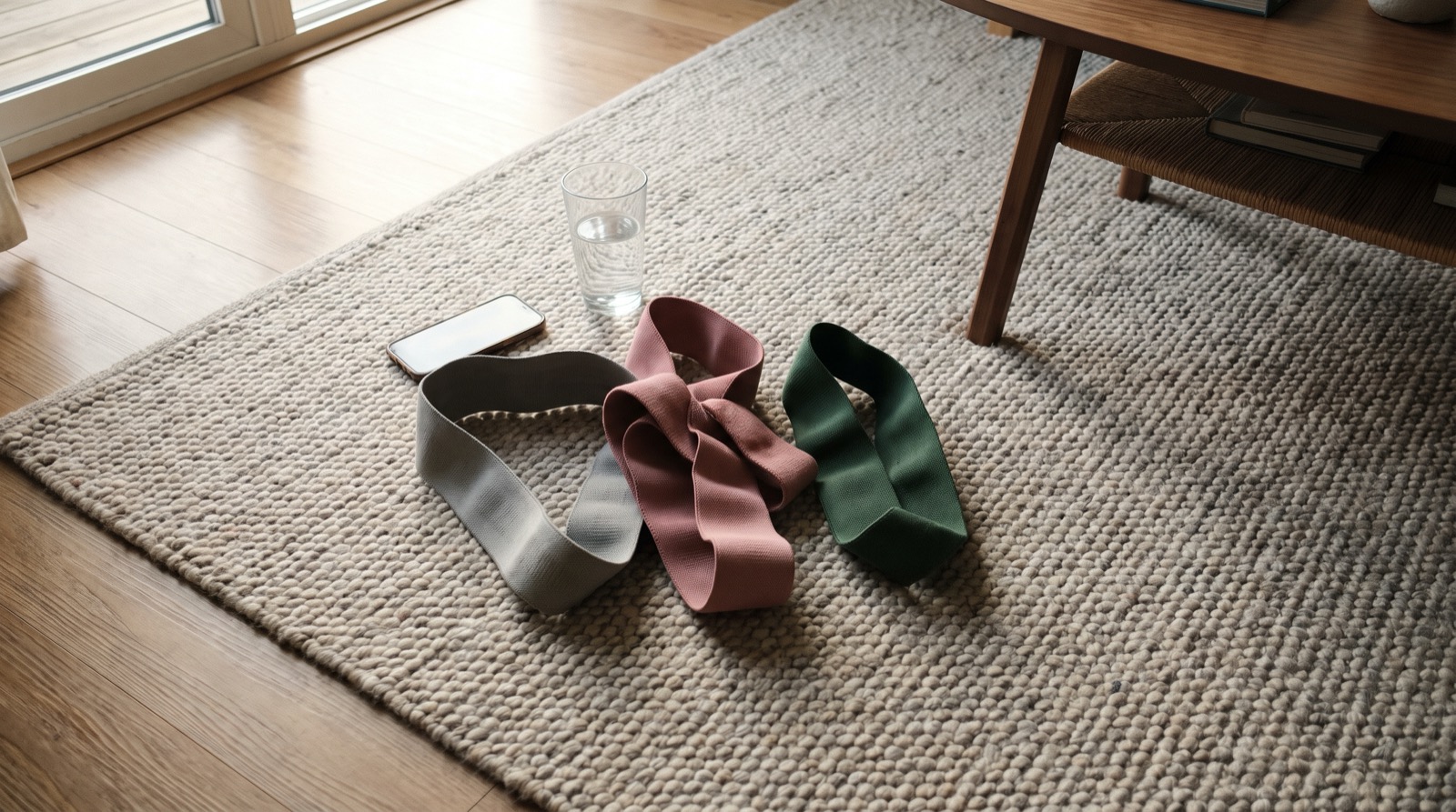 Three fabric resistance loop bands lying on a living room rug beside a phone and a glass of water