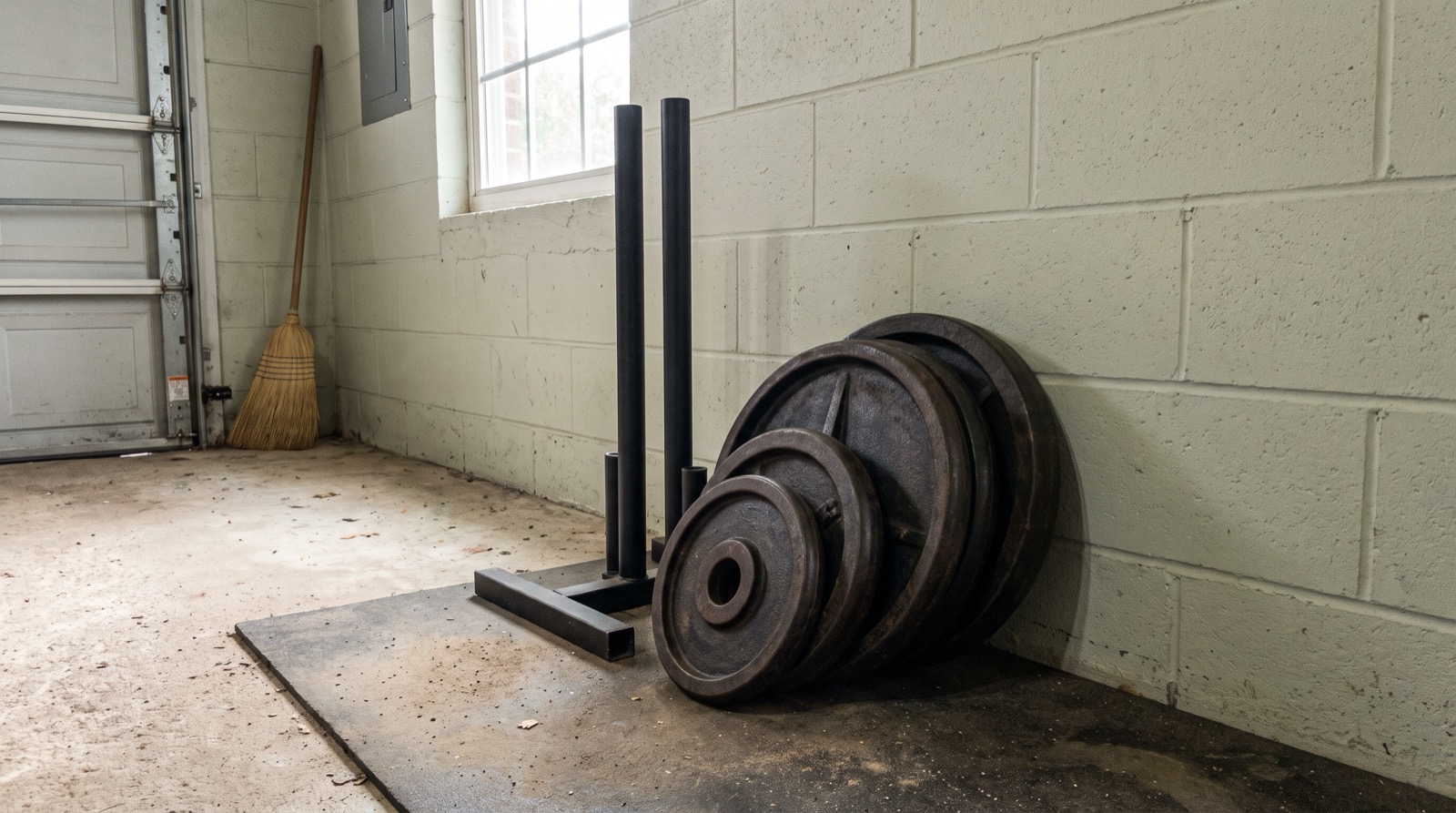 A stack of two inch Olympic weight plates leaning against a garage wall beside a plate post
