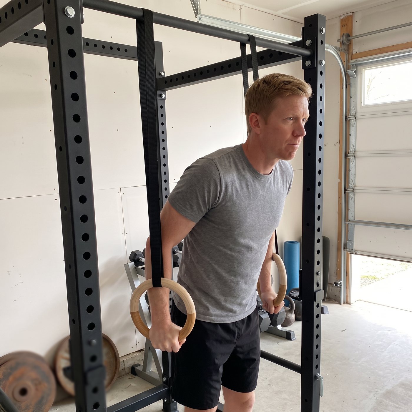 A man standing in a power rack in his garage holding a pair of wooden gymnastic rings hung from the pull-up bar