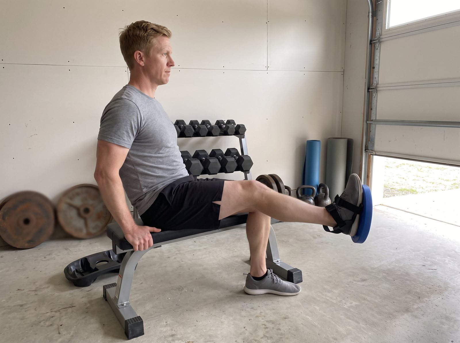 A man seated on a flat bench in his garage doing a leg extension with a plate strapped under his shoe