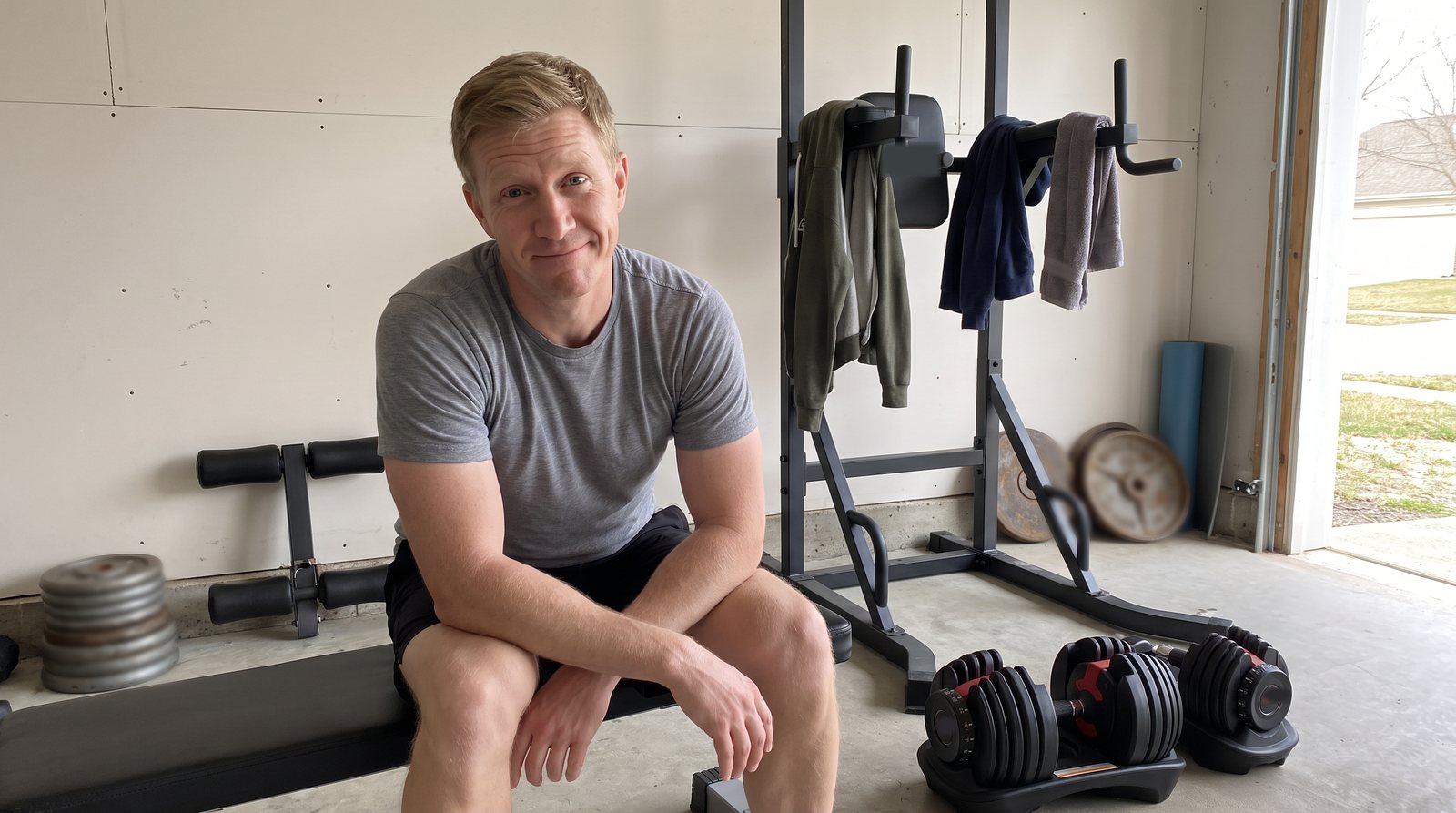 A man sitting on a bench in his garage with a sheepish smile, next to a power tower draped with hoodies and a towel and a pair of dial dumbbells in their trays