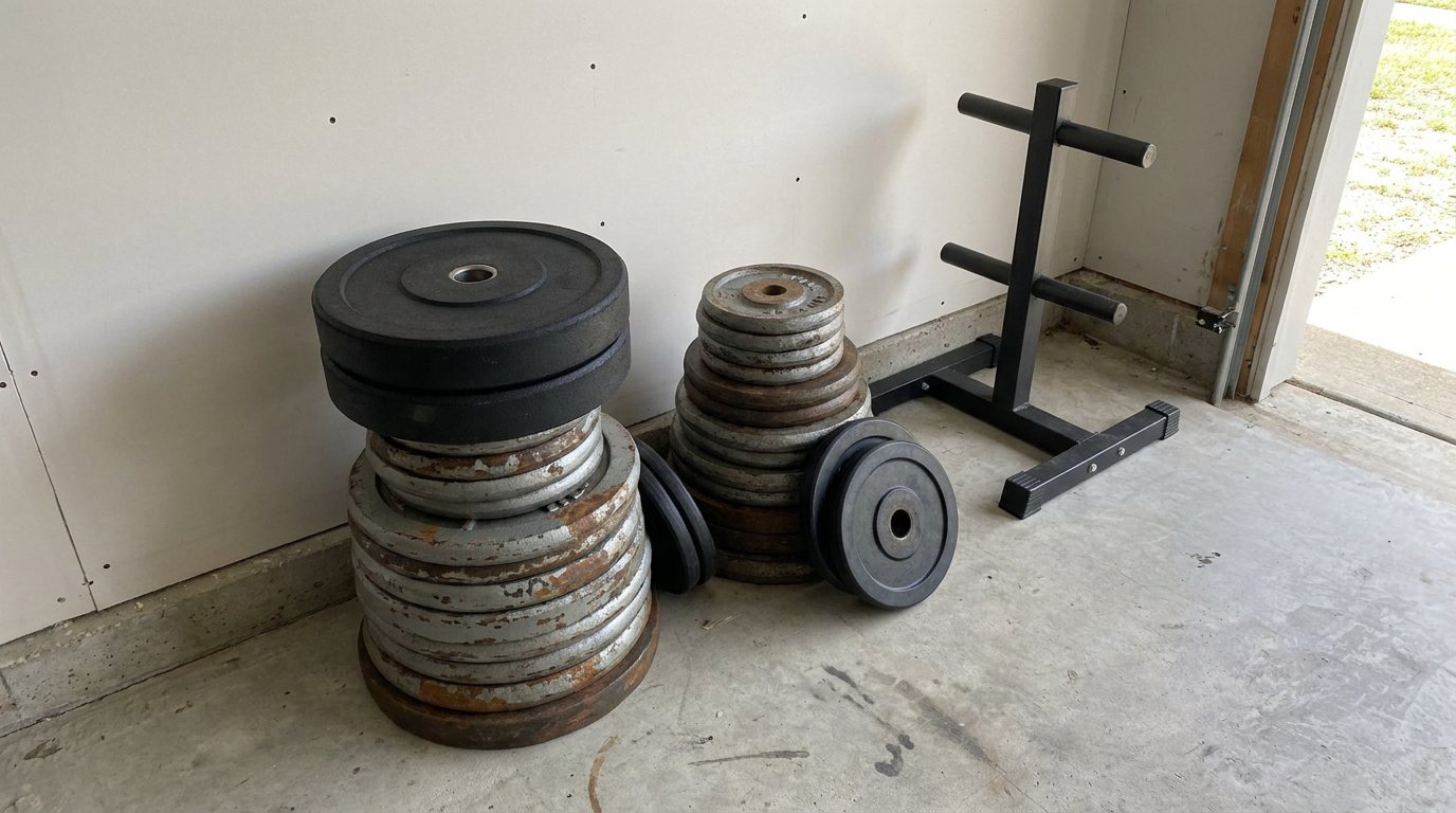 Two stacks of old iron and rubber weight plates against a garage wall beside an empty plate tree