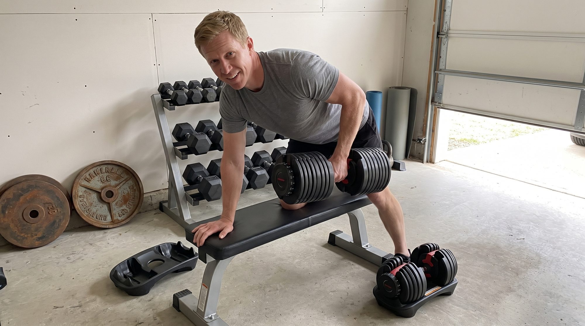 The author in his garage gym doing a one-arm dumbbell row with a dial-adjustable dumbbell loaded to its full stack, the empty cradle on the concrete beside the bench