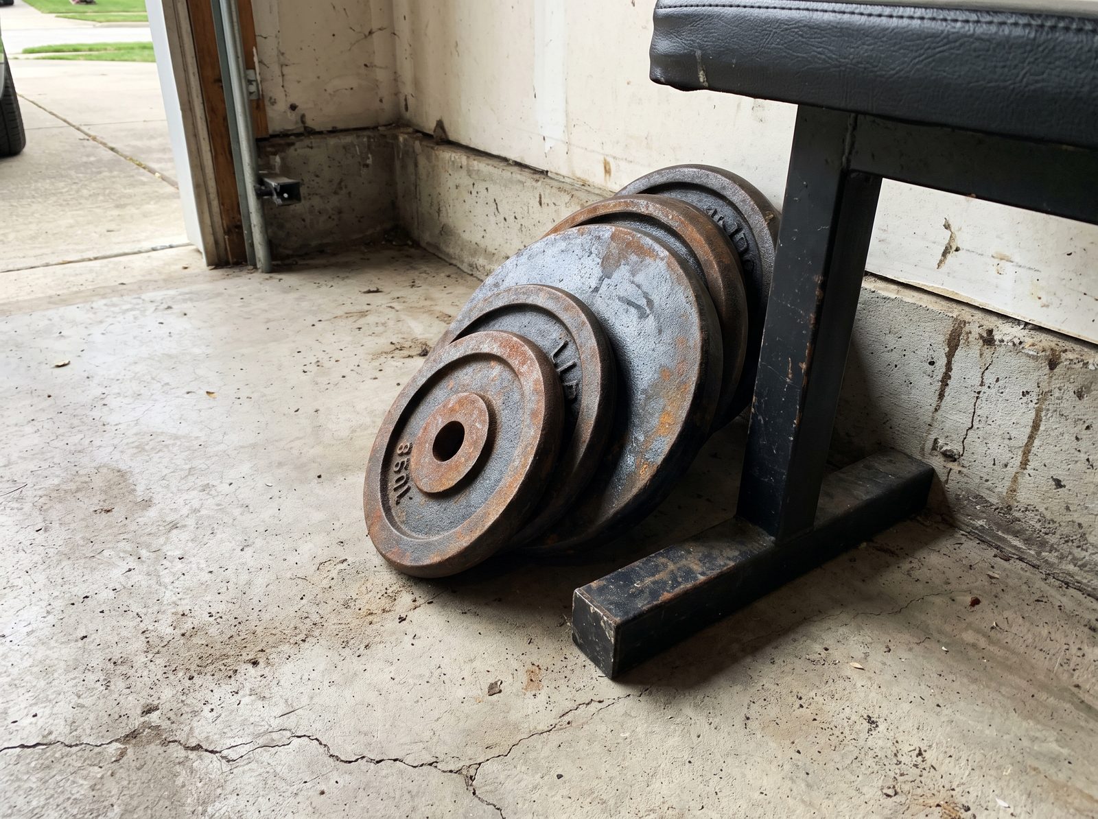 A short stack of old cast iron weight plates leaning against a garage wall beside the leg of a flat bench