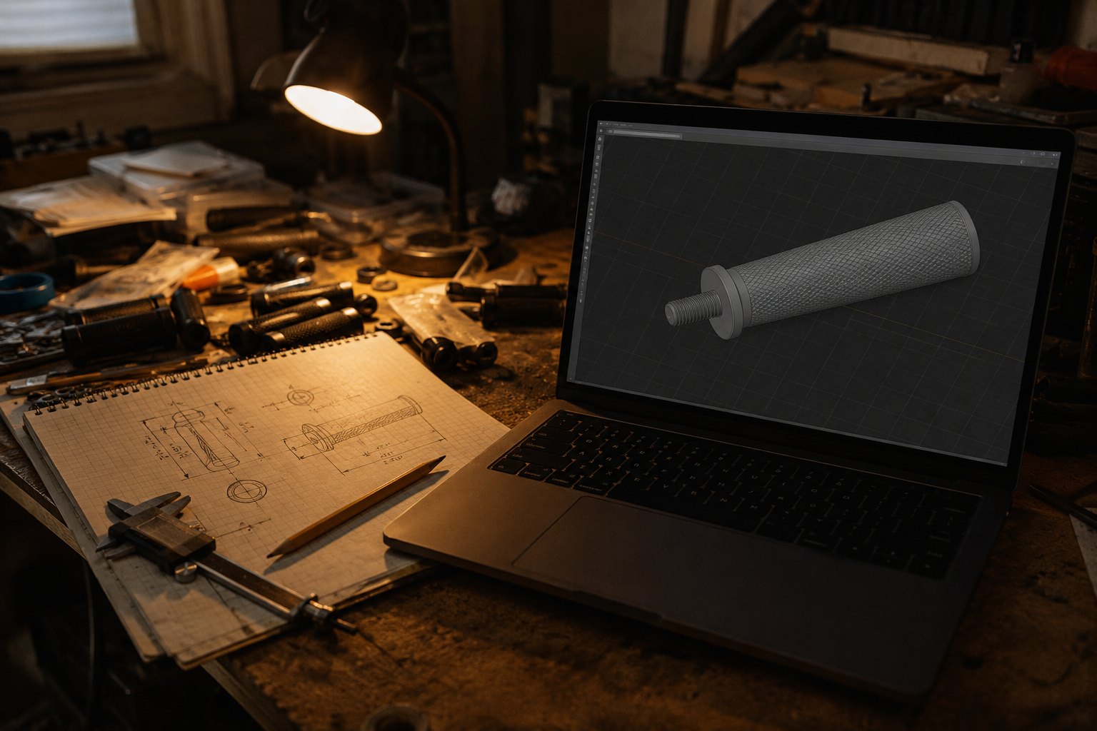 A laptop open on a workbench under a desk lamp showing a grey CAD model of a knurled handle with a threaded stud on one end, a spiral notebook of pencil dimension sketches and a caliper laid beside it