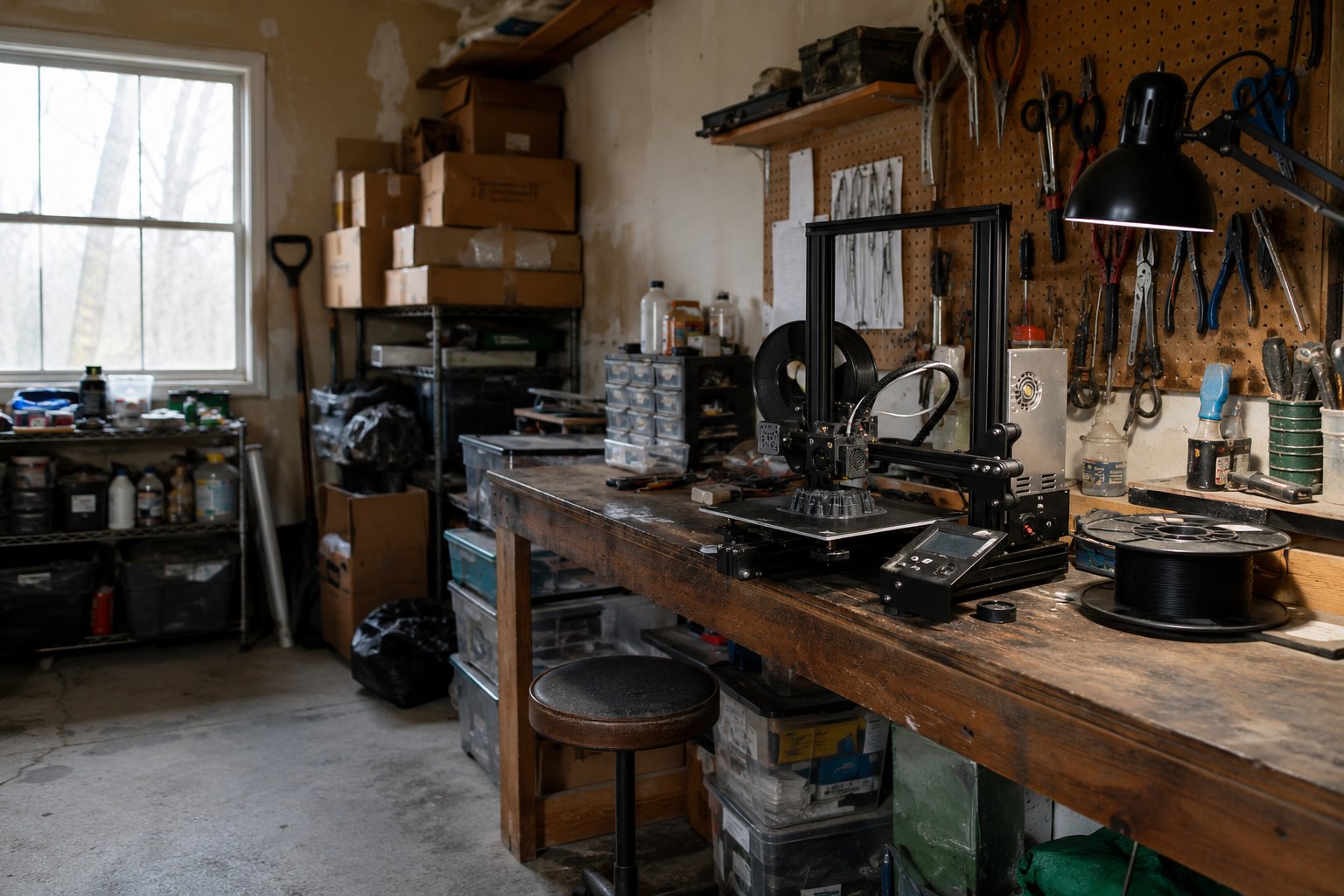 A cluttered single-car garage set up as a one-person workshop, a desktop 3D printer running on a heavy wooden bench beside a spool of black filament, hand tools hung on a pegboard above it