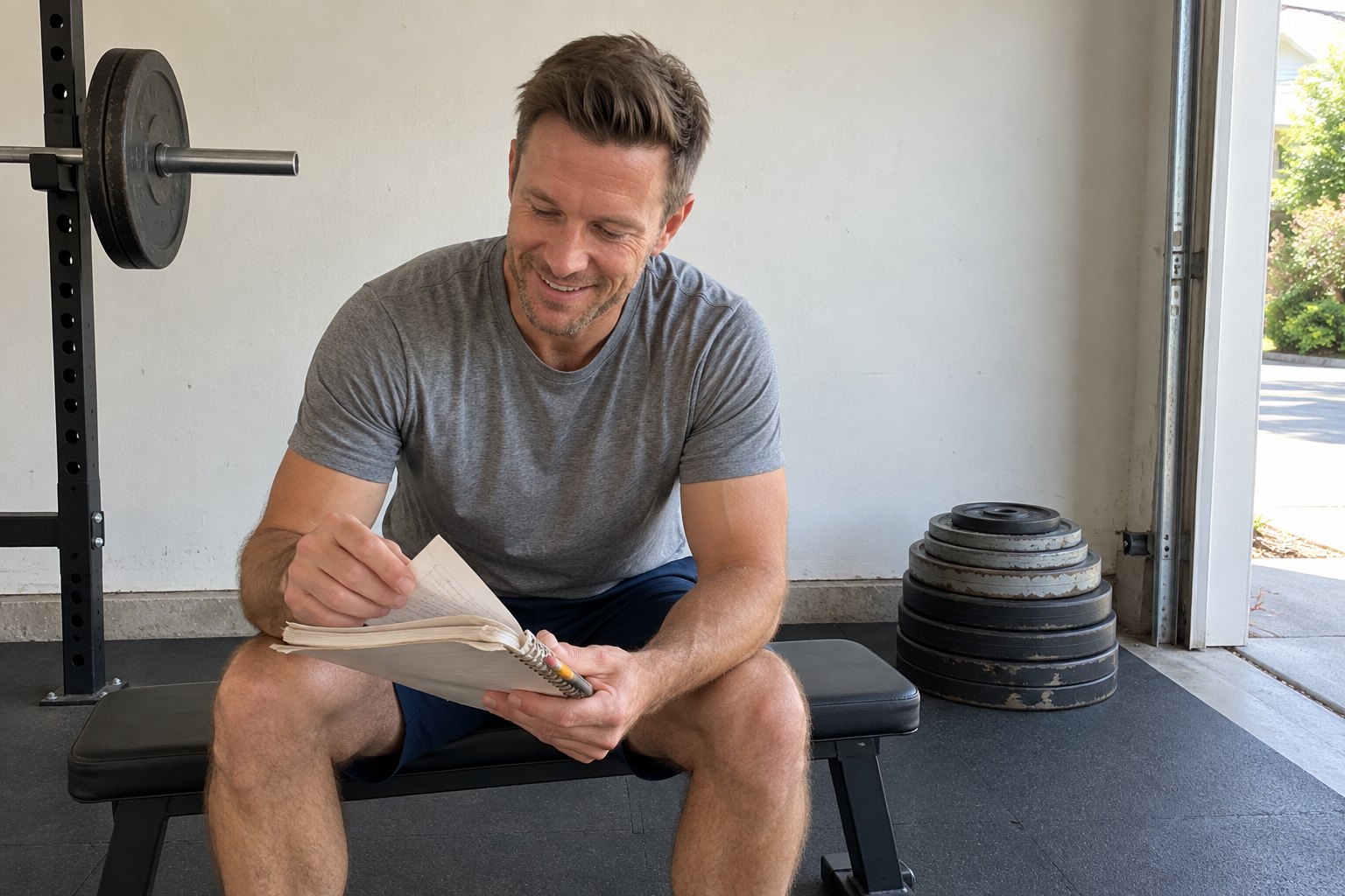 A man sitting on a weight bench in his garage beside a tall stack of mixed iron weight plates, flipping through a worn training notebook, with a bare wall behind him