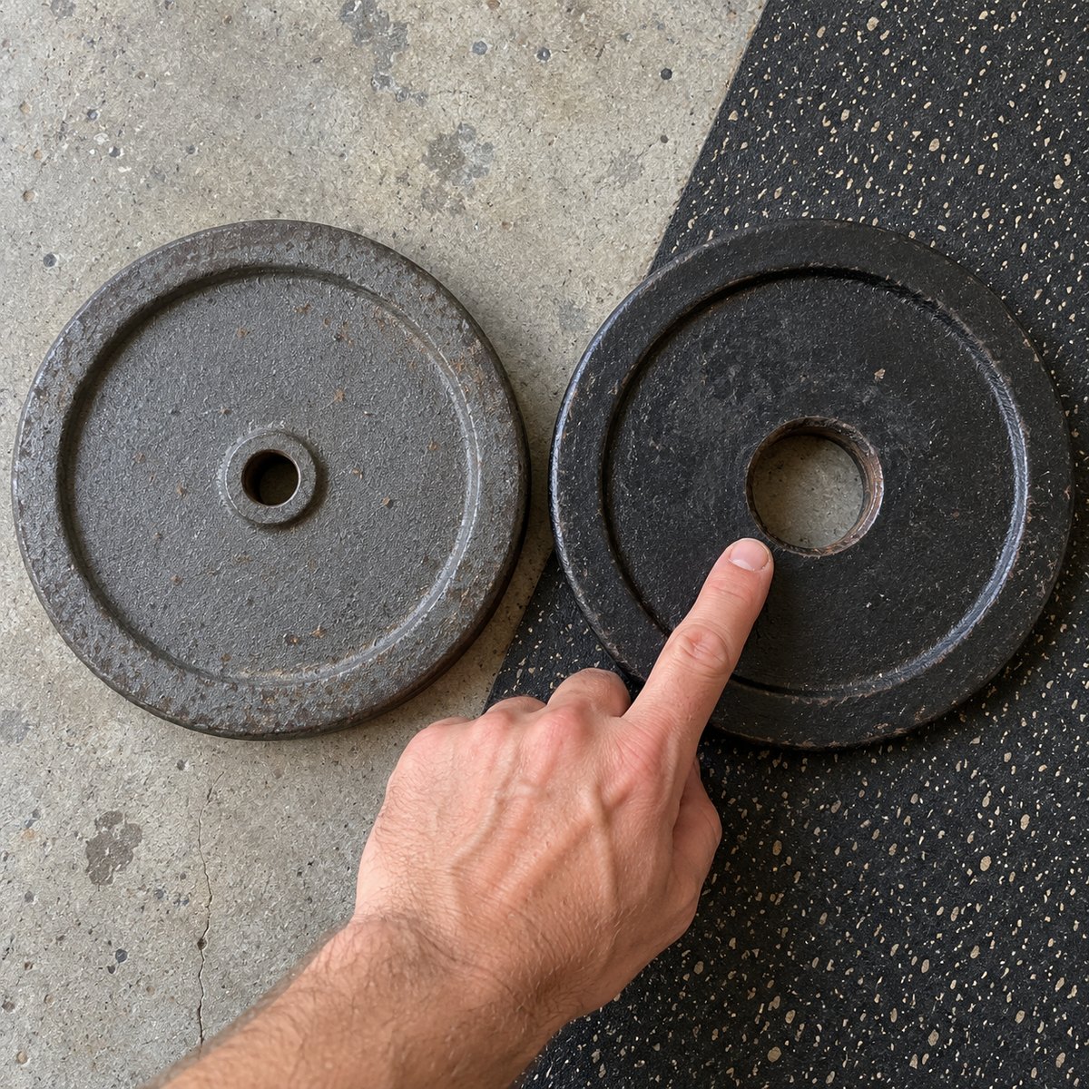 A man's hand resting on two iron weight plates lying side by side on a garage floor, one with a small 1-inch center hole and one with a large 2-inch center hole