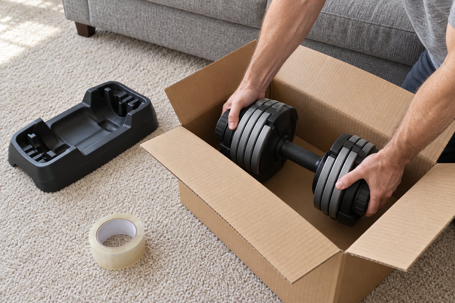 A man's hands lowering a black dial-adjustable dumbbell and its plastic base into an open cardboard shipping box on a living room floor
