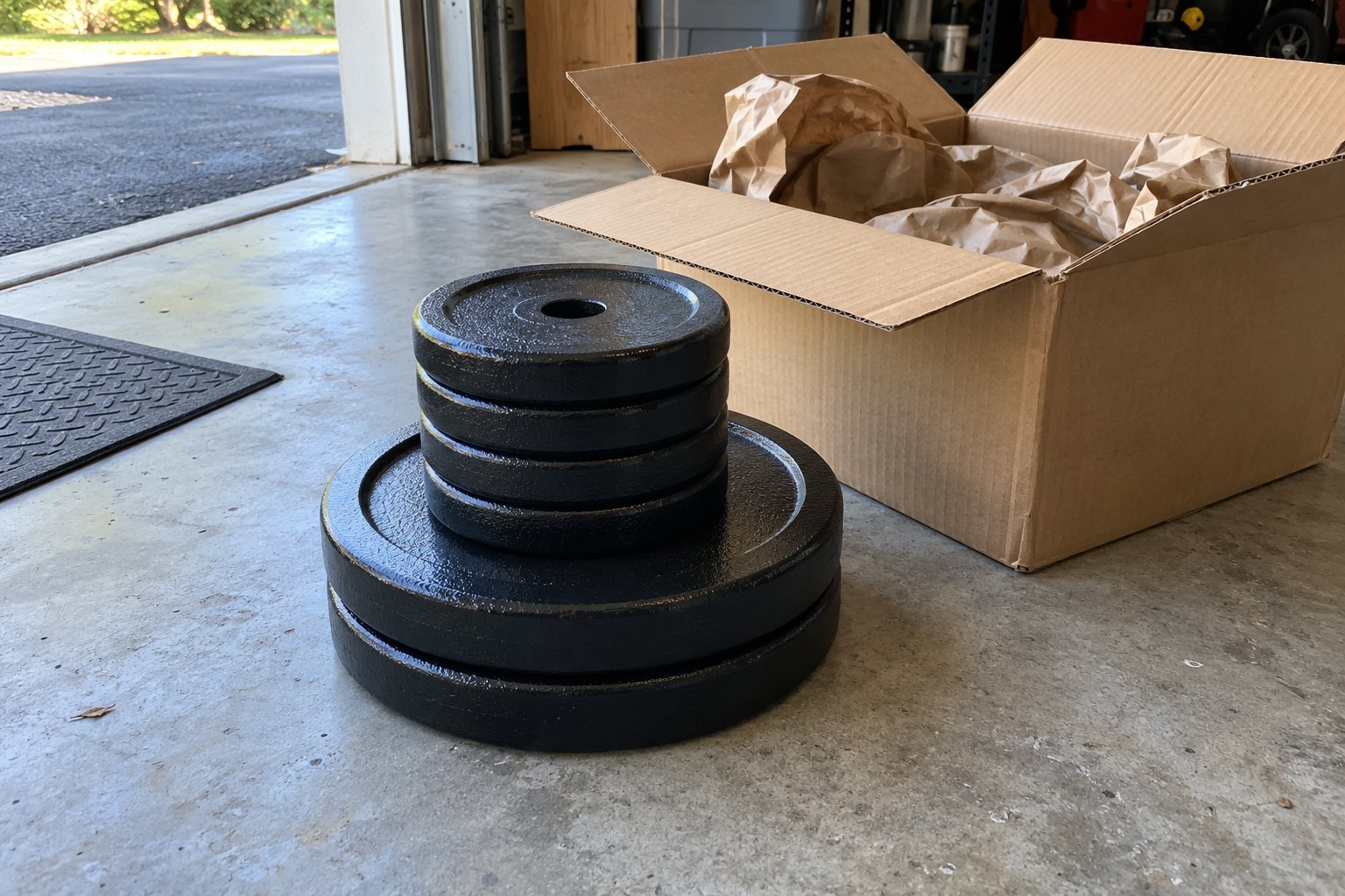 Two black 25-pound and four 5-pound cast iron weight plates stacked on a garage floor next to an opened cardboard shipping box