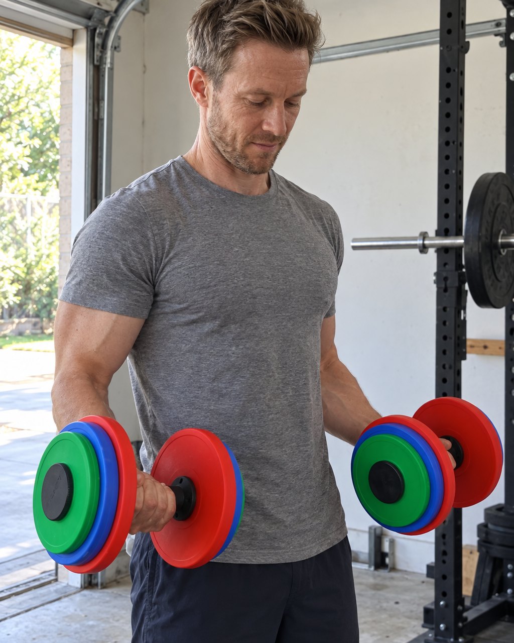 A man standing in his garage holding two AdaptaBELL handles loaded with colored plates