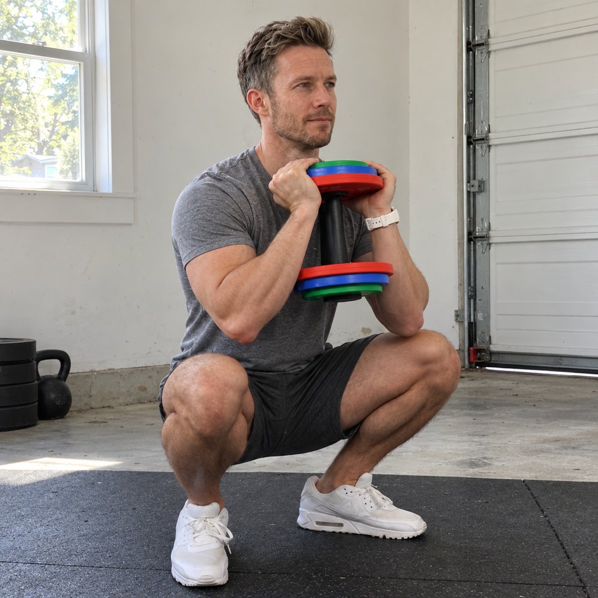 A man doing a goblet squat in his garage, holding one AdaptaBELL handle loaded with colored plates at his chest
