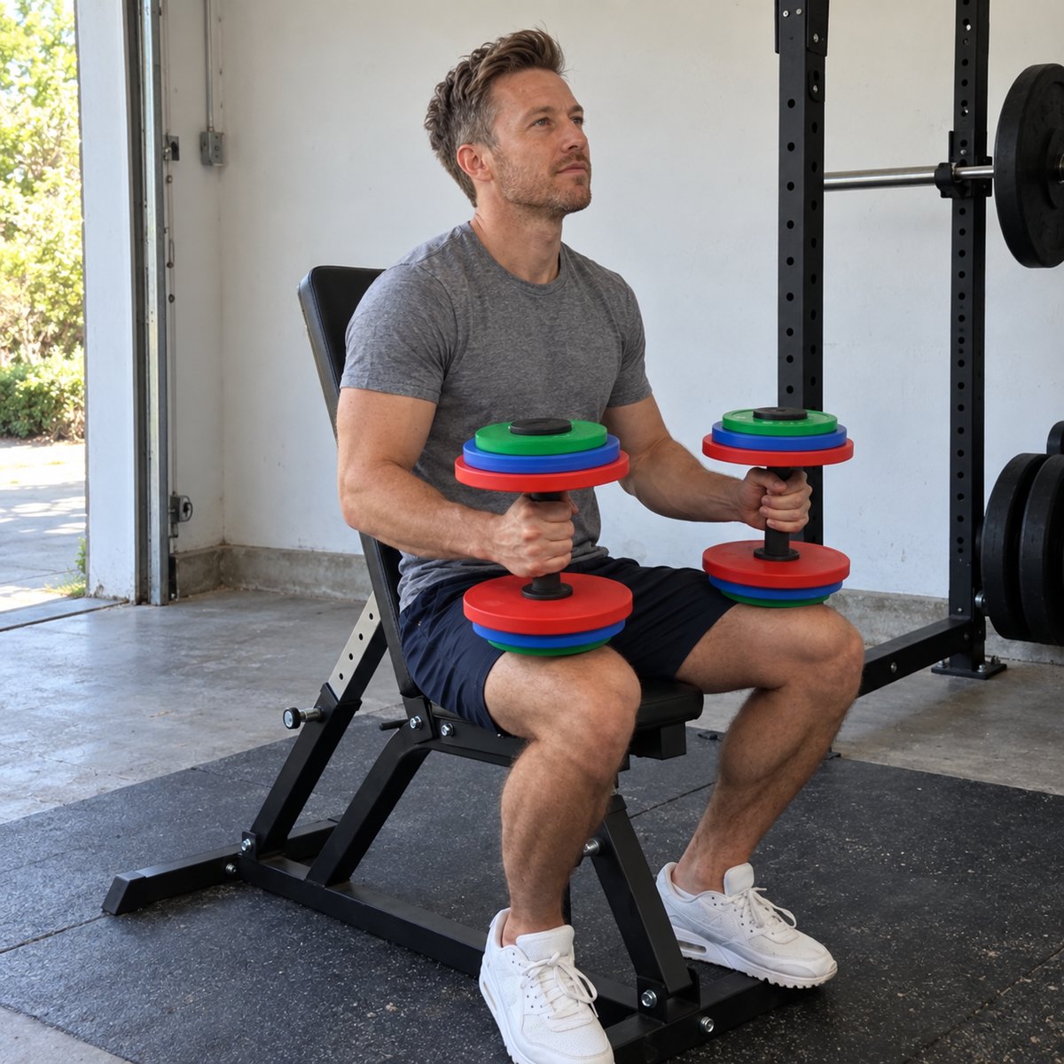 A man sitting on a weight bench in his garage holding a loaded pair of AdaptaBELL dumbbell handles upright on his thighs