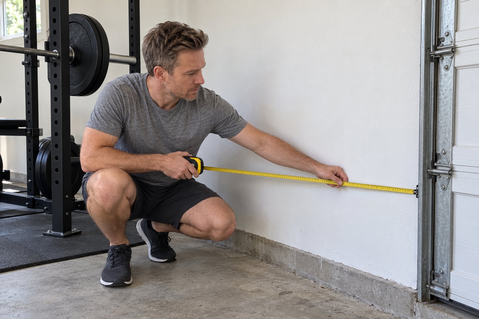 A man holding a tape measure along a bare stretch of garage wall between a barbell rack and the garage door