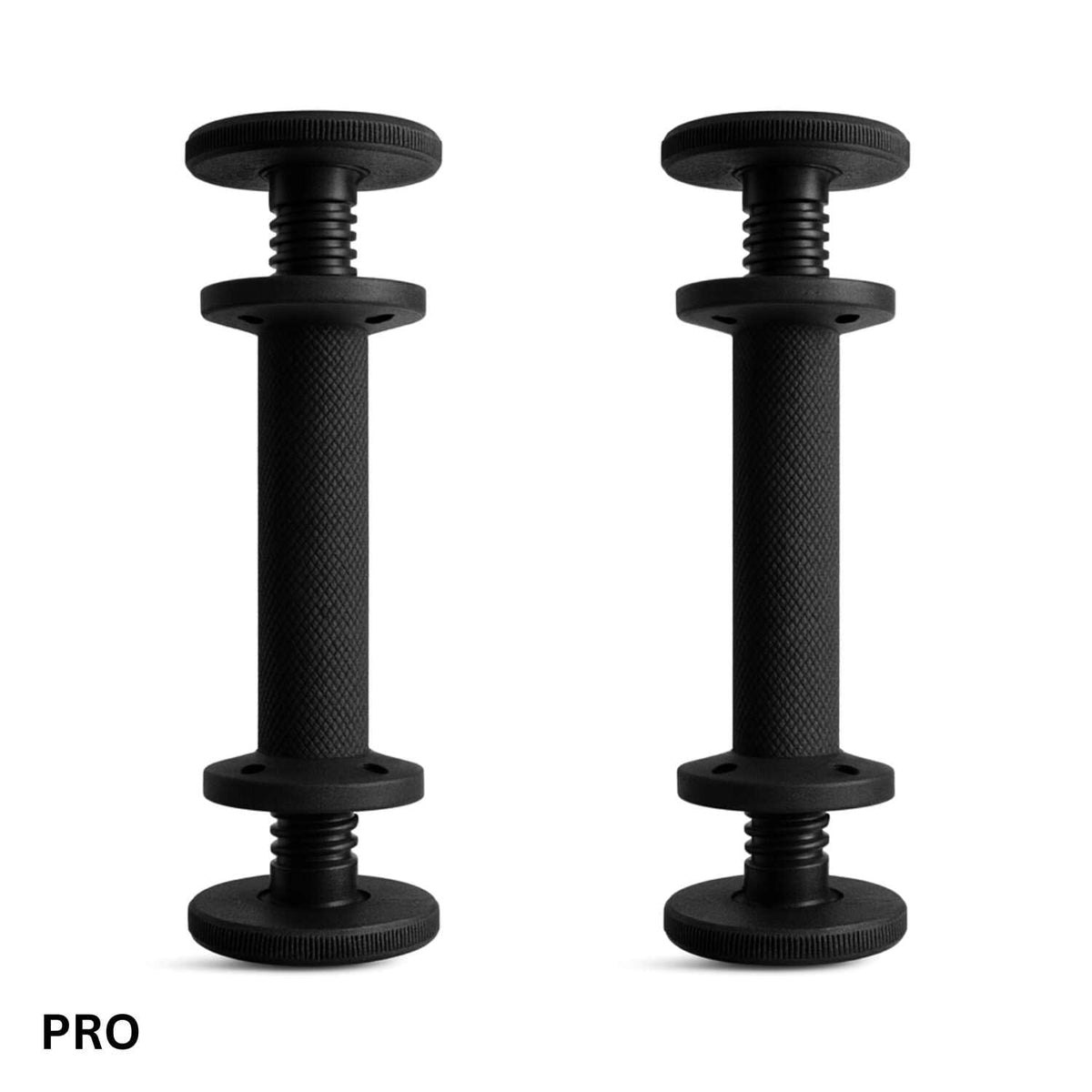 A pair of bare Kensui AdaptaBELL handles showing the threaded post and the star collar at each end and no other moving parts
