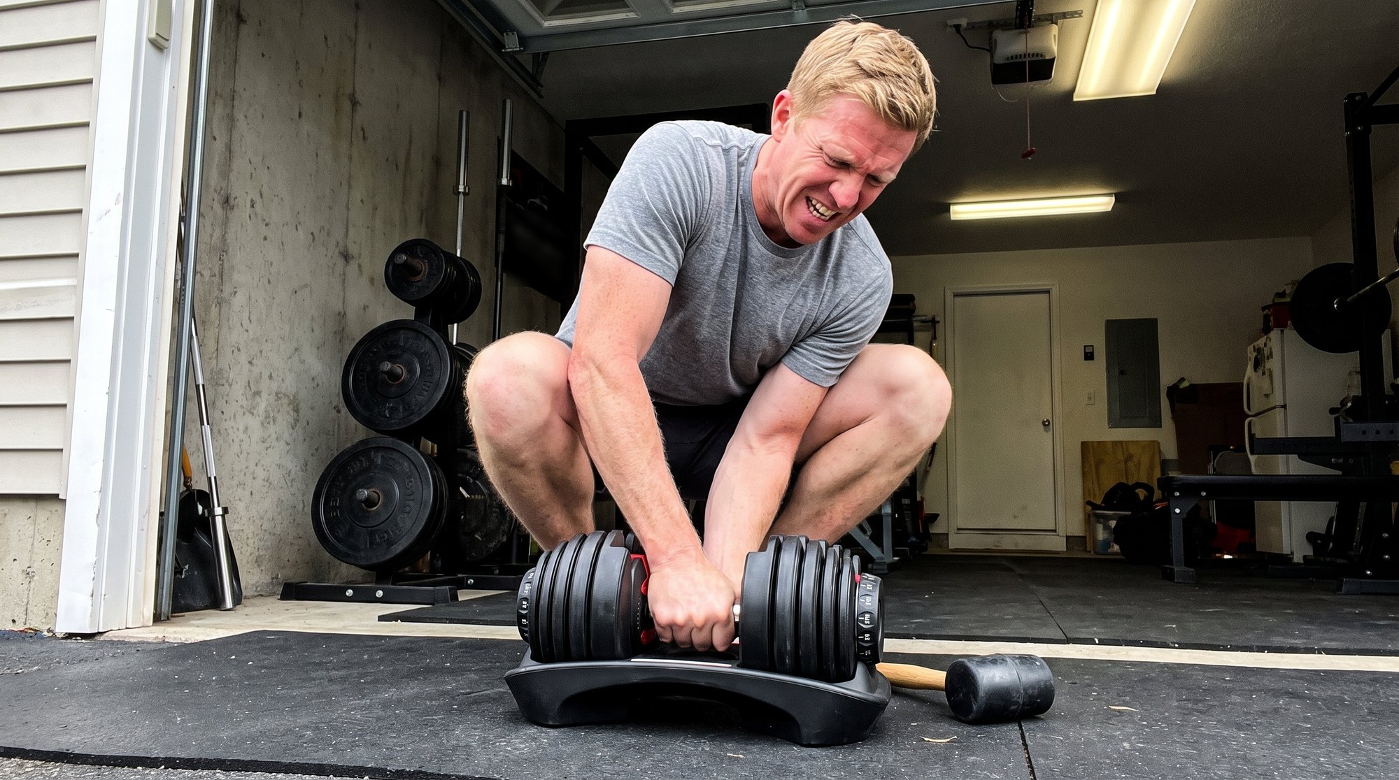 A man crouched on the floor of a garage gym, straining with both hands to lift an adjustable dumbbell that is still stuck in its plastic cradle, a rubber mallet on the mat beside him