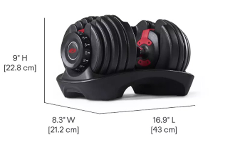 The recall exhibit photograph of a selector-dial adjustable dumbbell resting in its moulded plastic tray, with dimension callouts
