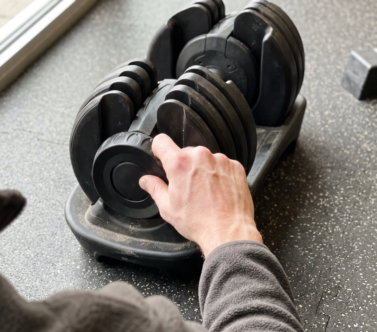 A hand gripping the weight selector dial on the end of an adjustable dumbbell that is sitting in its plastic tray on a gym floor, knuckles white from trying to turn it
