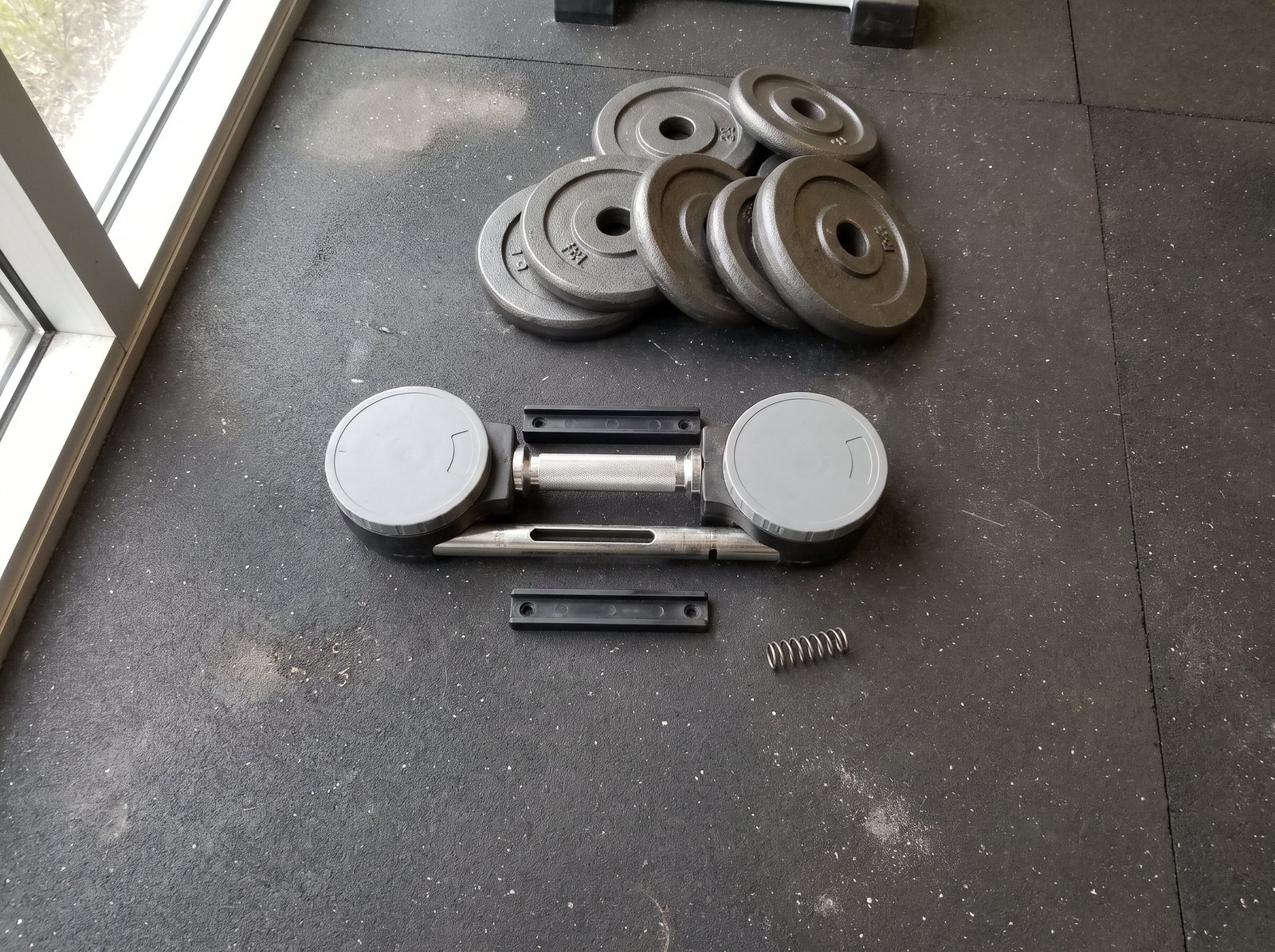 The inner mechanism of a selector type adjustable dumbbell laid out on a gym mat with its plates stacked to one side: a handle bar, a selector dial at each end, a slotted pin, a guide rail and a loose spring