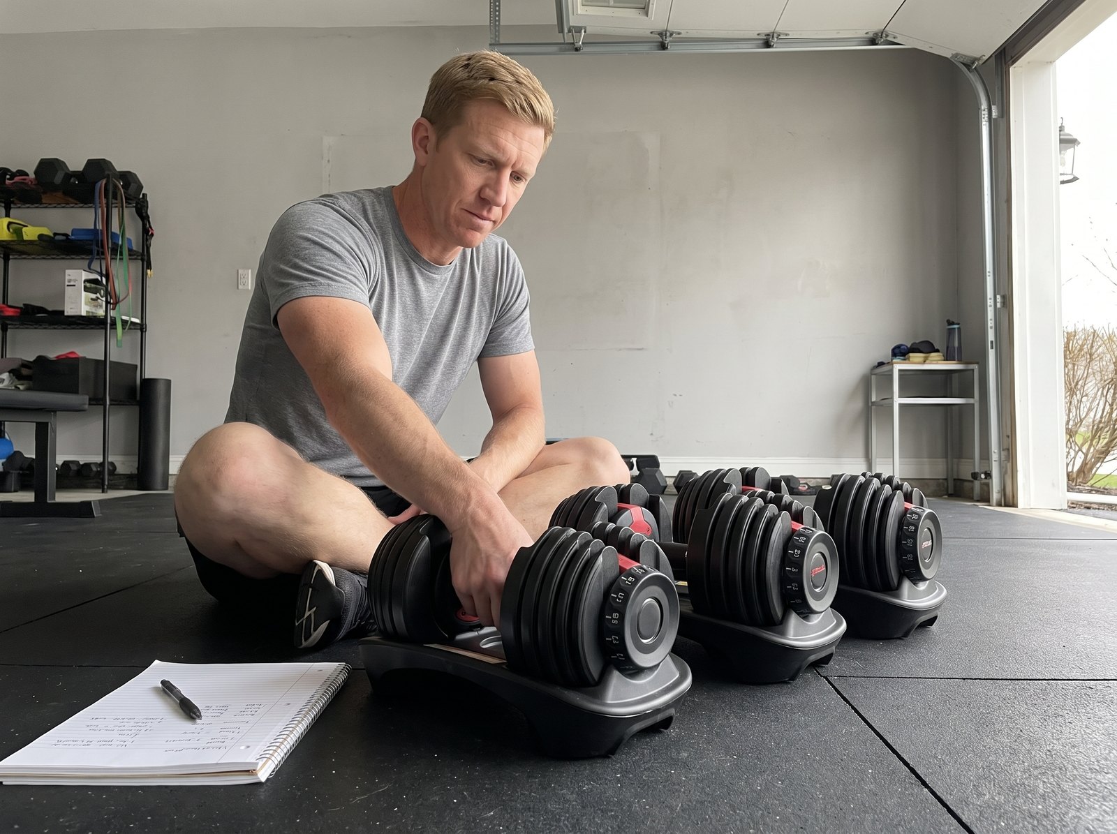 A man sitting on a garage gym floor with three different adjustable dumbbells in their plastic bases lined up in front of him and an open notebook beside his knee