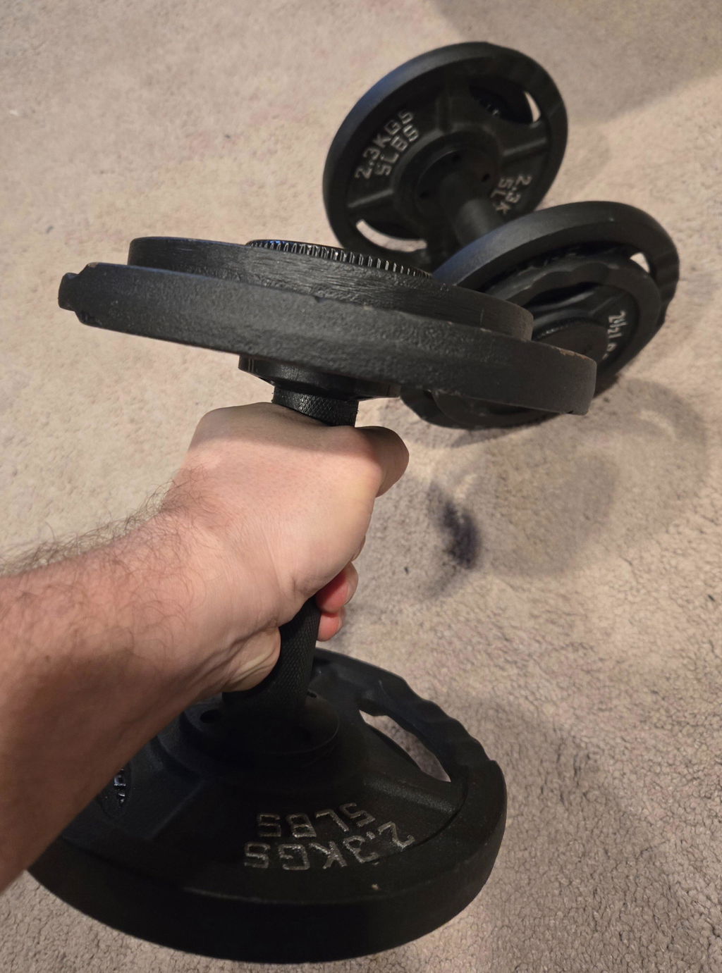 Hand gripping a loaded adjustable dumbbell handle