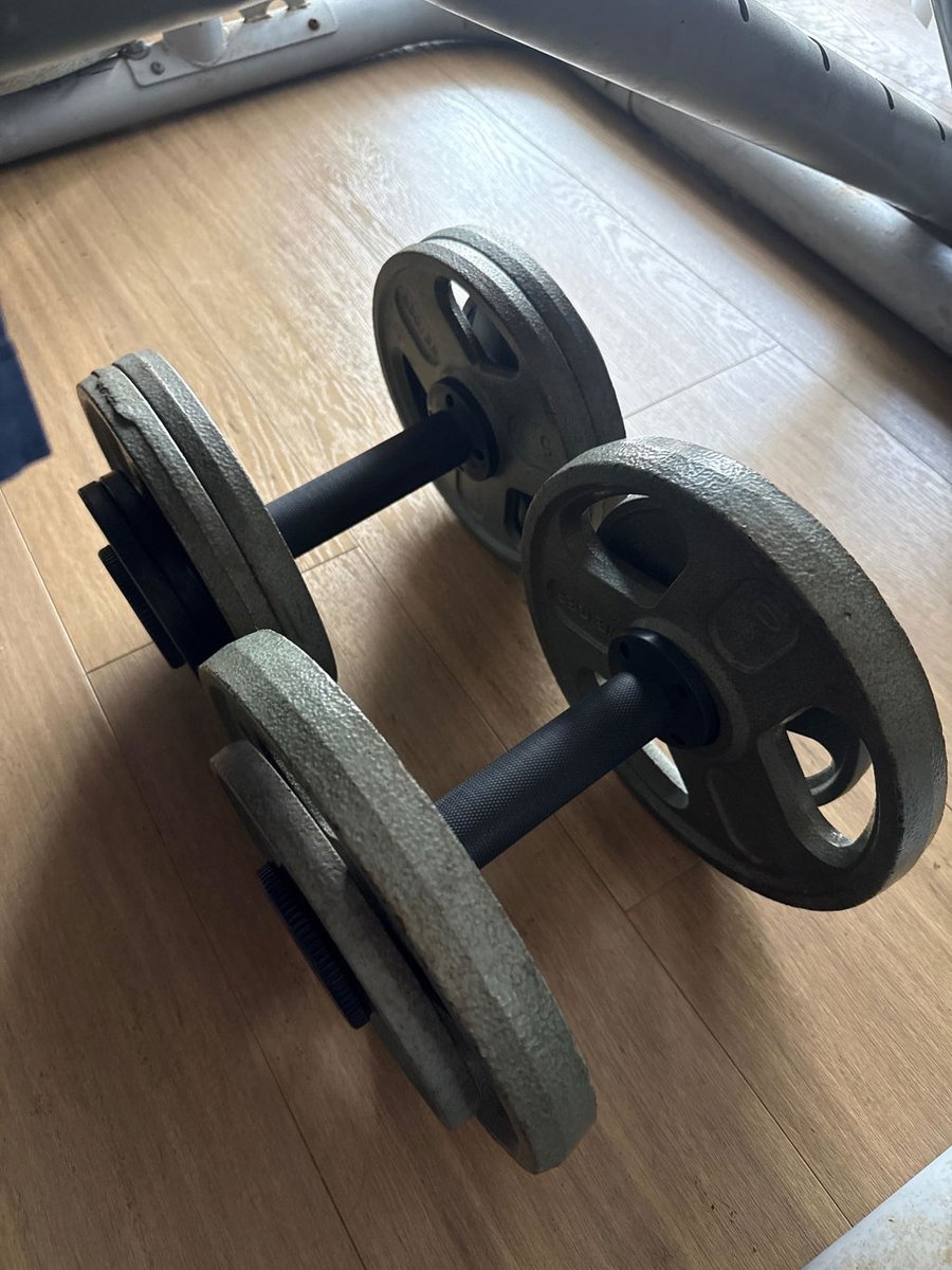 An owner's photograph of a pair of loaded AdaptaBELL handles standing on a wooden floor