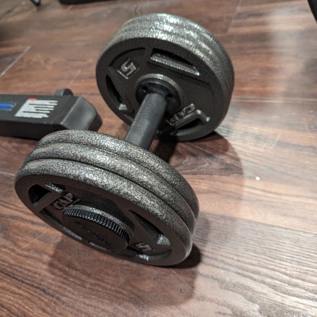 An owner's dumbbell handle loaded with grey 2-inch Olympic iron plates on a wooden floor