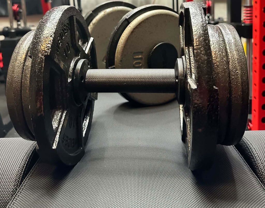 A plate-loaded dumbbell handle loaded with old iron plates resting on a weight bench in a home gym
