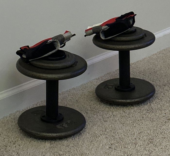 Two plate-loaded dumbbell handles standing on end on a carpet with lifting gloves resting on top