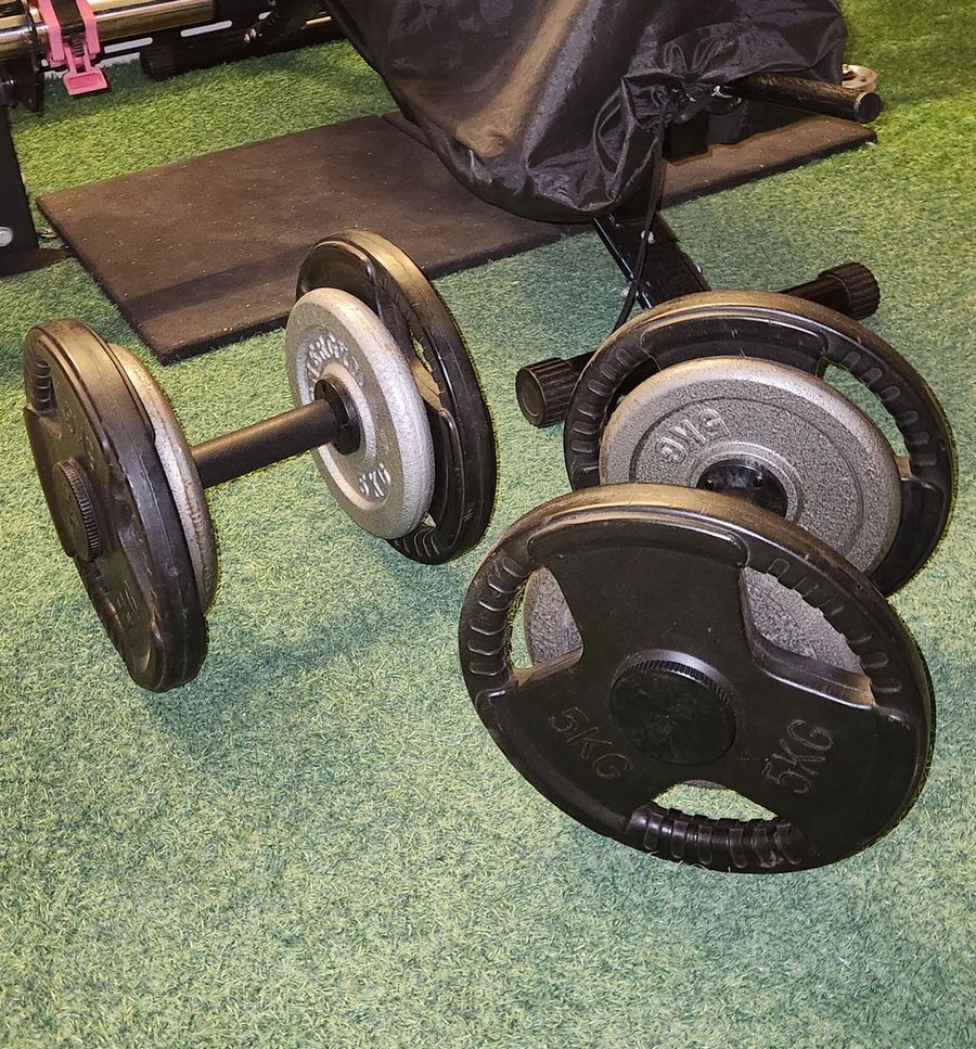 A pair of plate-loaded dumbbell handles loaded with mixed plates on artificial turf, with a covered machine behind them