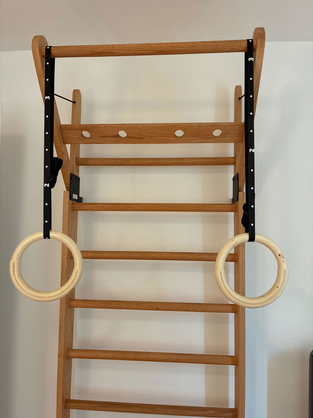 Wooden gymnastic rings hung from a wall-mounted frame