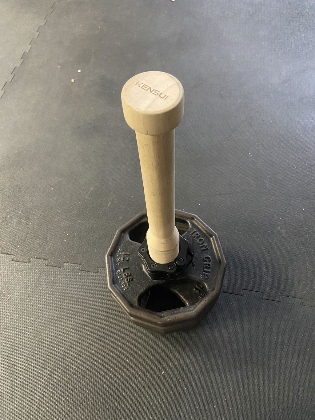 An owner's wooden plate-loaded club standing upright on a single black plate on a garage floor