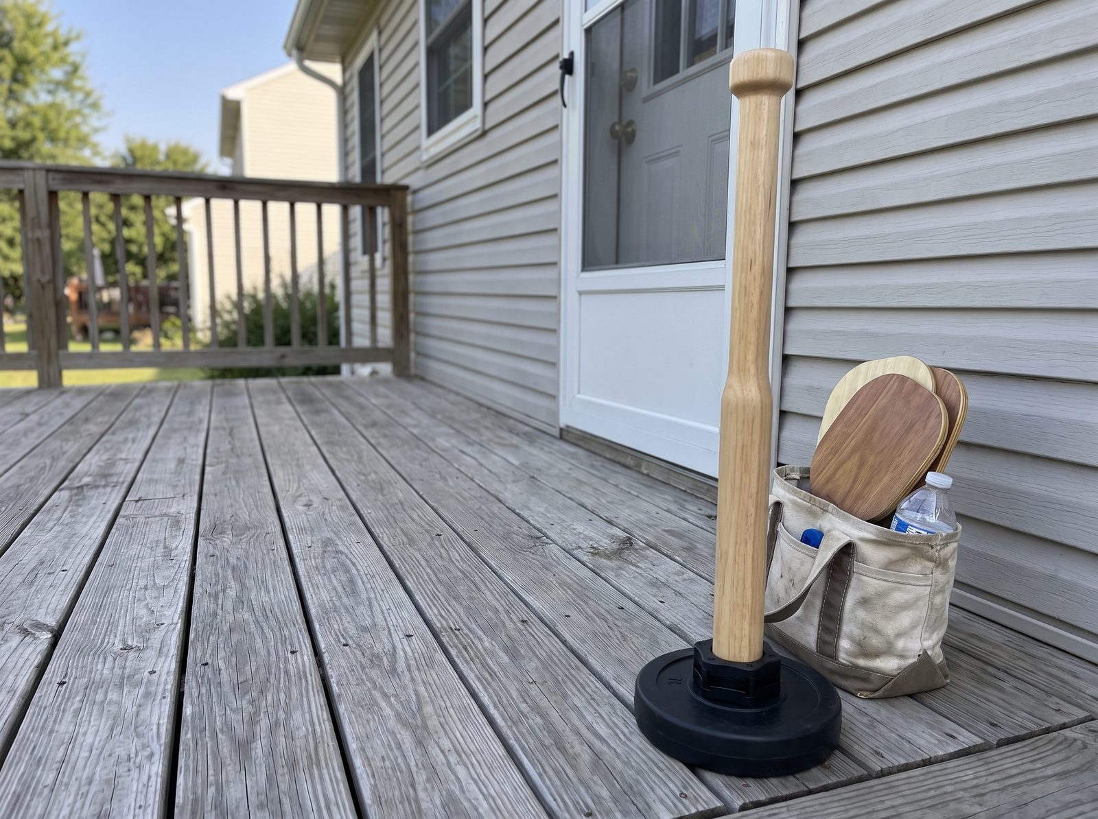A wooden club stands upright on a black weight plate on a back porch next to a canvas bag holding two paddles
