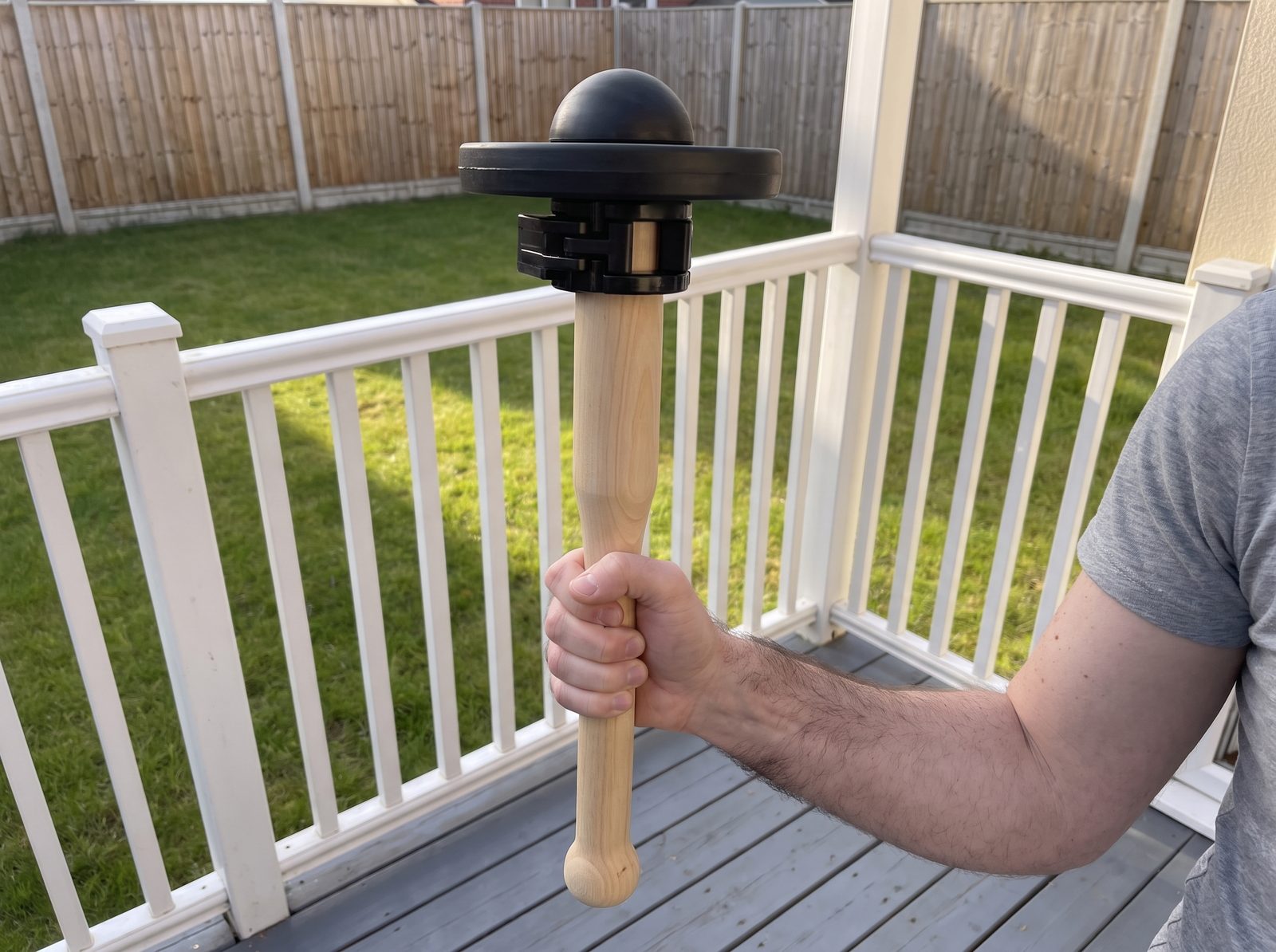 A man's forearm and hand hold a wooden club upright on a porch, a black plate and collar at the top, about to tip it forward