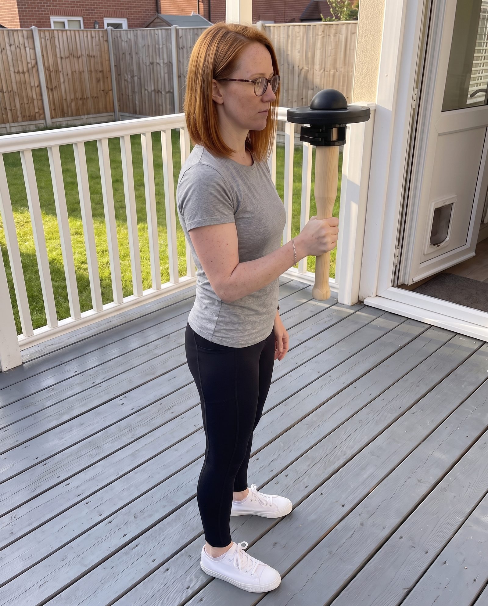 A woman with auburn hair and glasses holds a wooden club upright in one hand on a back porch, a black plate and collar at the top
