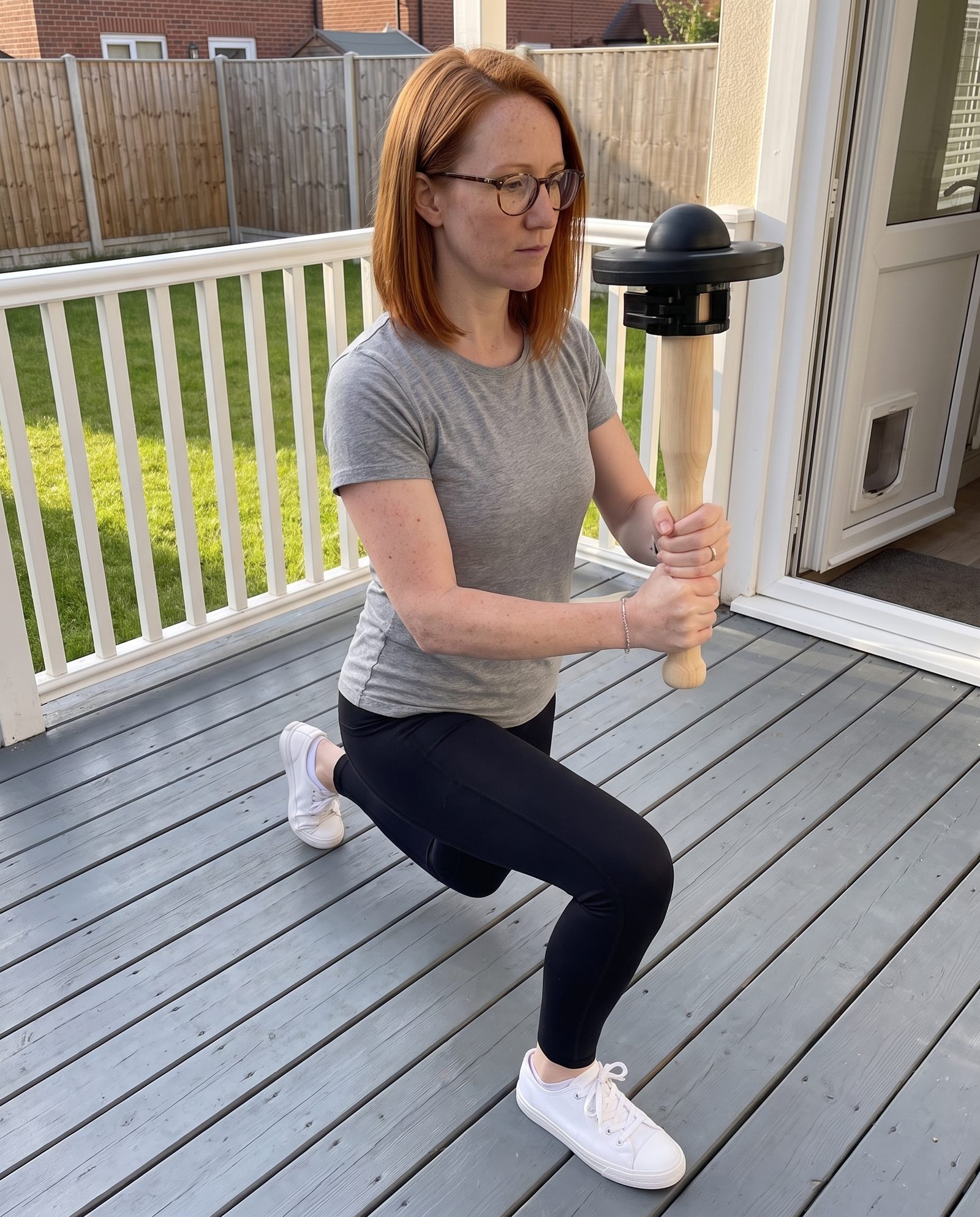 A woman in a split squat on a back porch holds a wooden club upright in front of her chest with both hands