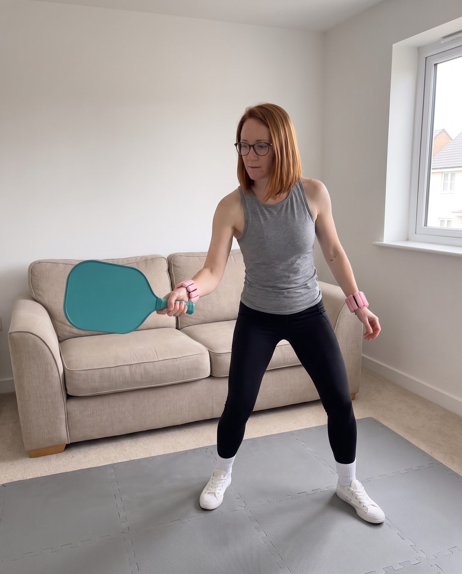 A woman in a living room makes a slow forehand swing with a teal paddle, pink weights on both wrists