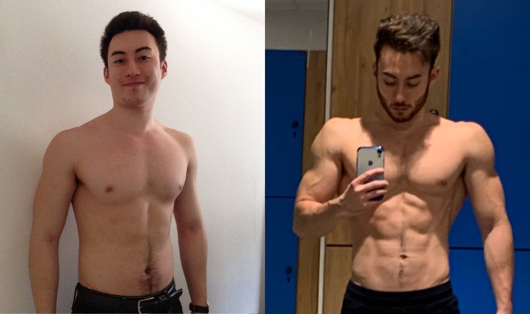 Two progress photographs of Kensui founder Remy Mock side by side, a softer build on the left and a lean muscular build on the right after years of training on the plate-loaded equipment he designed