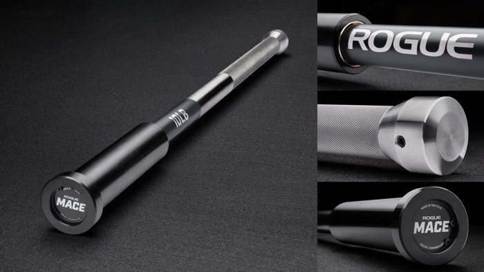Rogue Mace in stainless steel with a black loadable sleeve and detail views of the pommel and collar