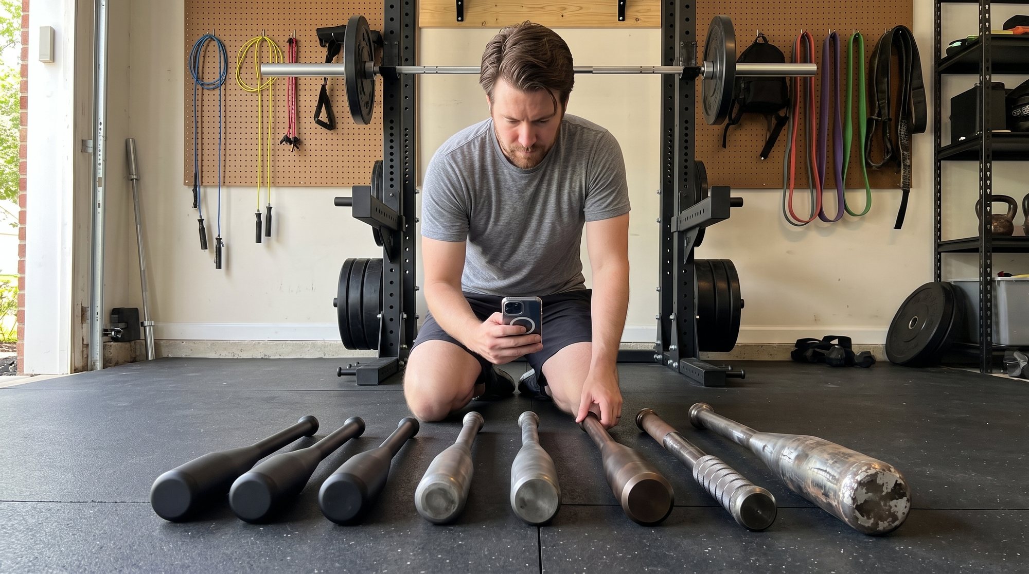 A man kneeling on a rubber garage floor behind eight steel training clubs laid out in a row from the smallest to the largest, holding his phone to photograph them