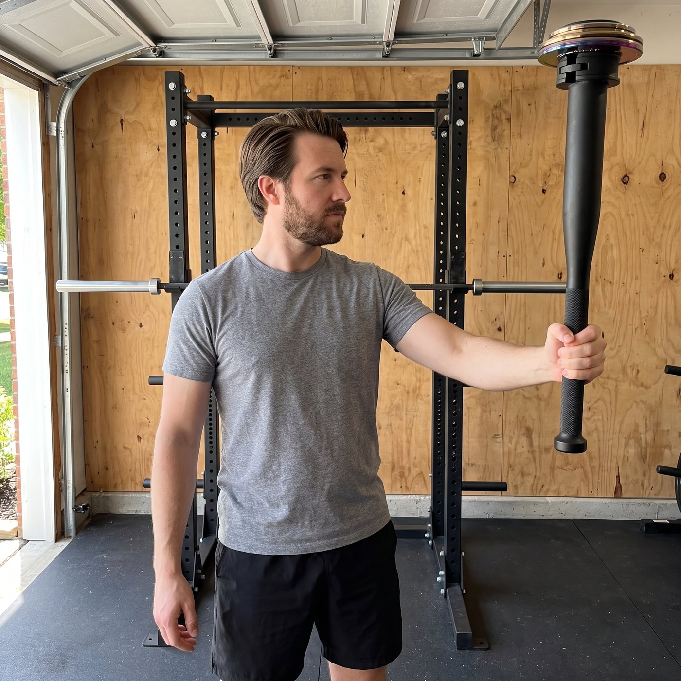 A man in a grey t-shirt in a plywood-walled garage gym holding a black steel plate-loaded club upright at arm's length, a small stack of plates locked on the top end